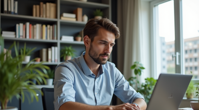 Jeune homme autoentrepreneur au bureau lumineux