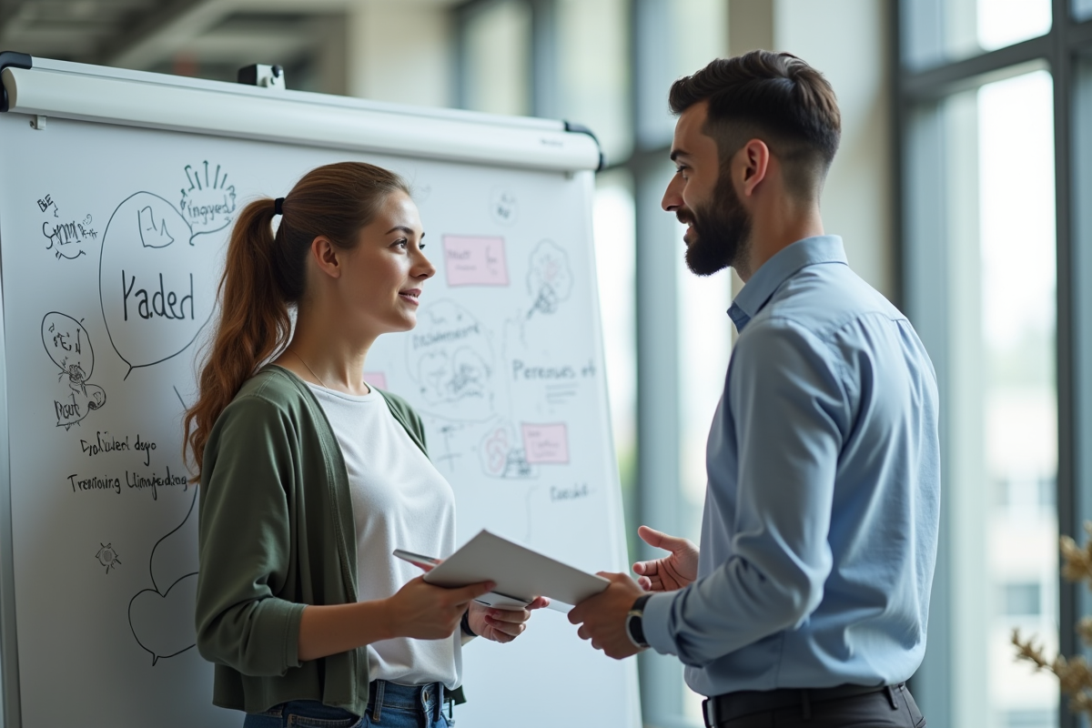 Jeune employe recevant des conseils d un mentor dans un espace lumineux