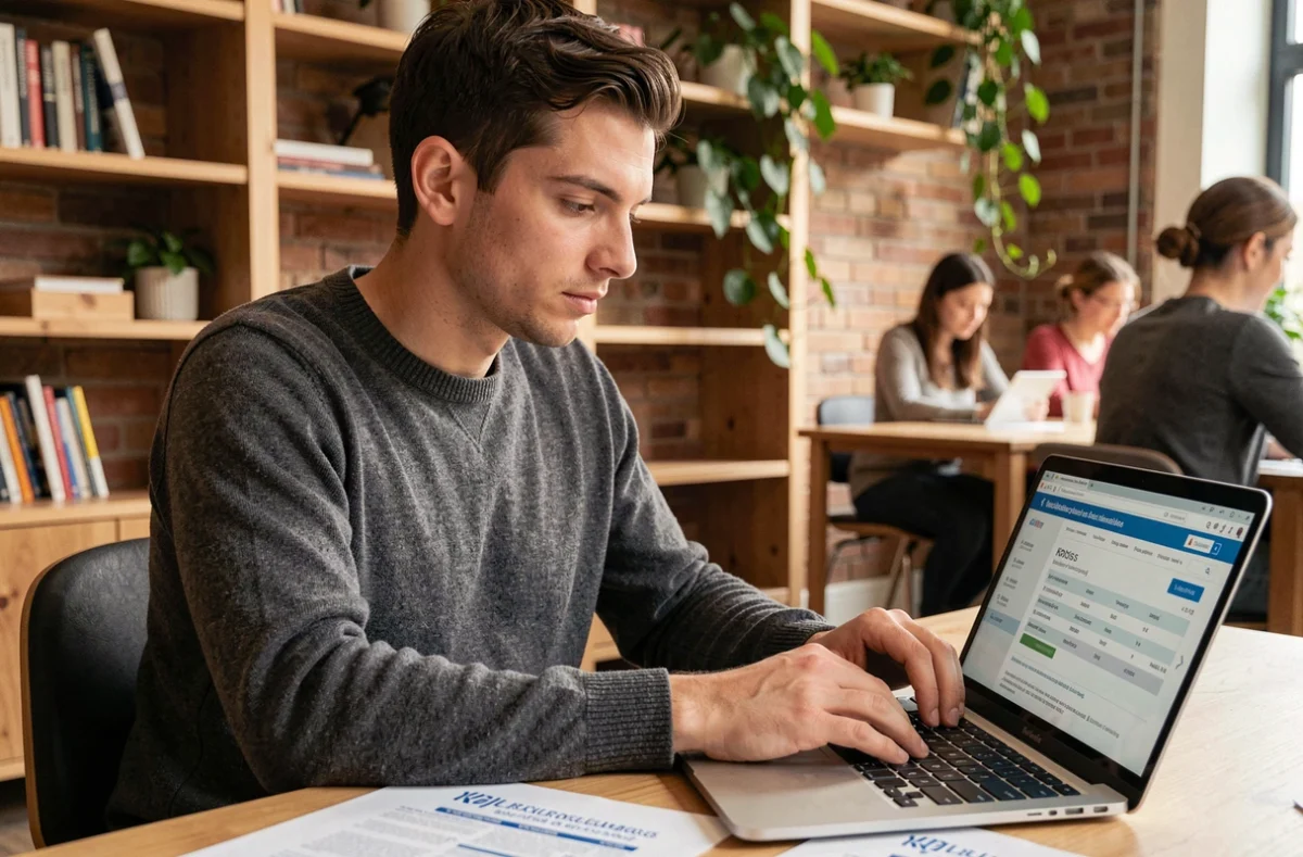 Jeune entrepreneur consultant un extrait Kbis en ligne dans un espace de co-working