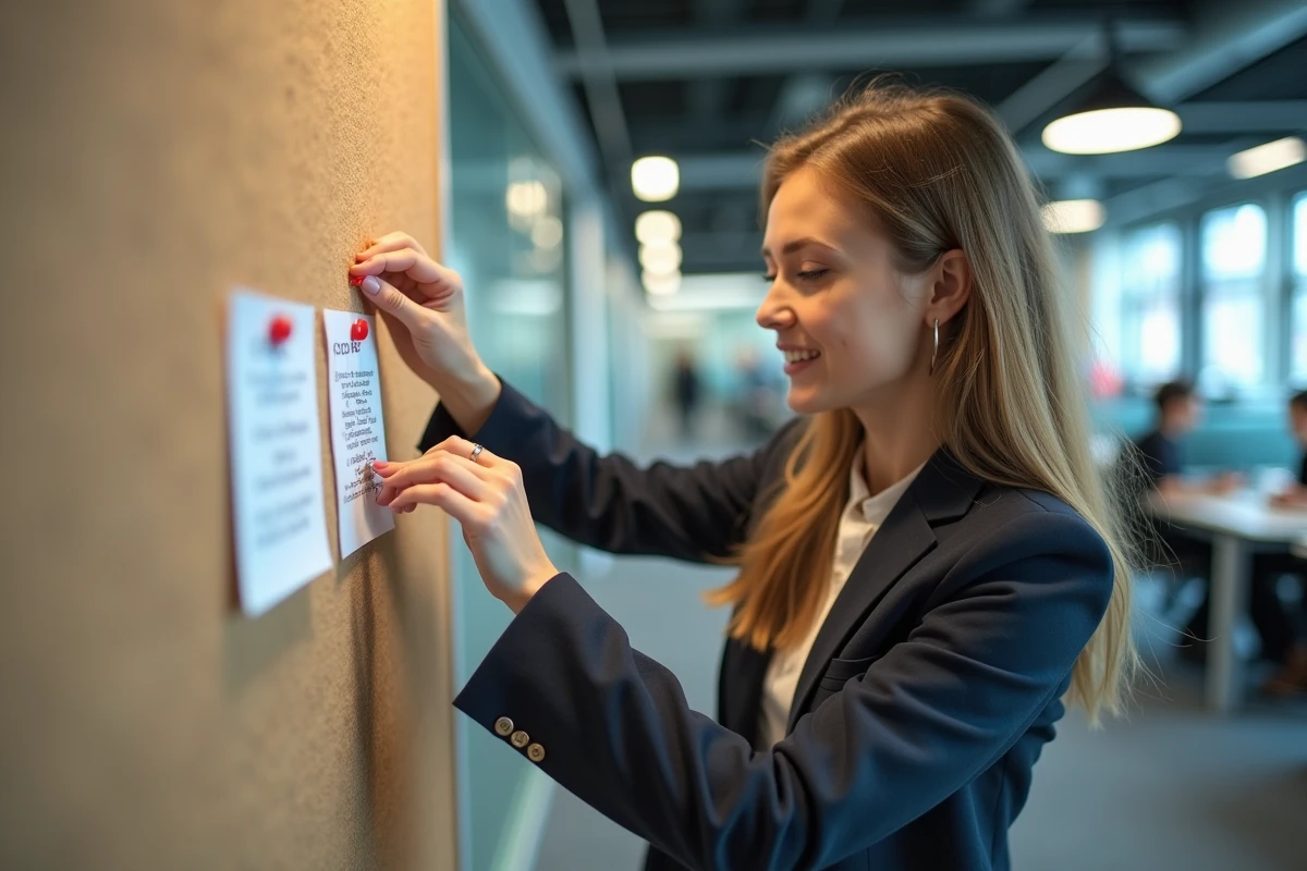 Jeune femme pin&ccedil;ant un proverbe motivant sur un tableau dans un bureau moderne