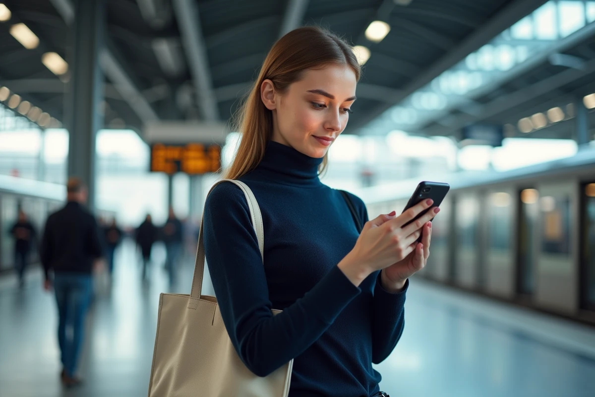 Jeune femme gérant son planning professionnel sur application mobile dans une gare moderne