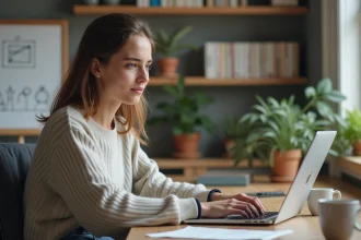 Jeune femme concentrée travaillant sur son ordinateur dans un bureau cosy