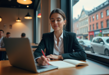 Nom d’entreprise anglais au Québec : comment choisir le bon nom pour votre entreprise francophone Jeune femme francophone au café à Montreal en train de réfléchir