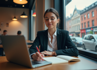 Nom d’entreprise anglais au Québec : comment choisir le bon nom pour votre entreprise francophone Jeune femme francophone au café à Montreal en train de réfléchir