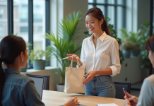 Jeune femme souriante distribuant des objets promotionnels en réunion