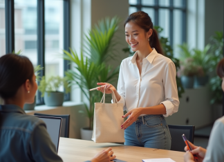 Goodies : définition et utilisation dans le marketing d’entreprise Jeune femme souriante distribuant des objets promotionnels en réunion