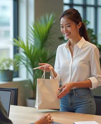 Jeune femme souriante distribuant des objets promotionnels en réunion