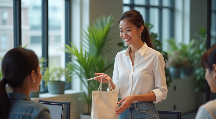 Jeune femme souriante distribuant des objets promotionnels en réunion