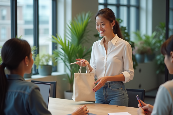 Jeune femme souriante distribuant des objets promotionnels en réunion