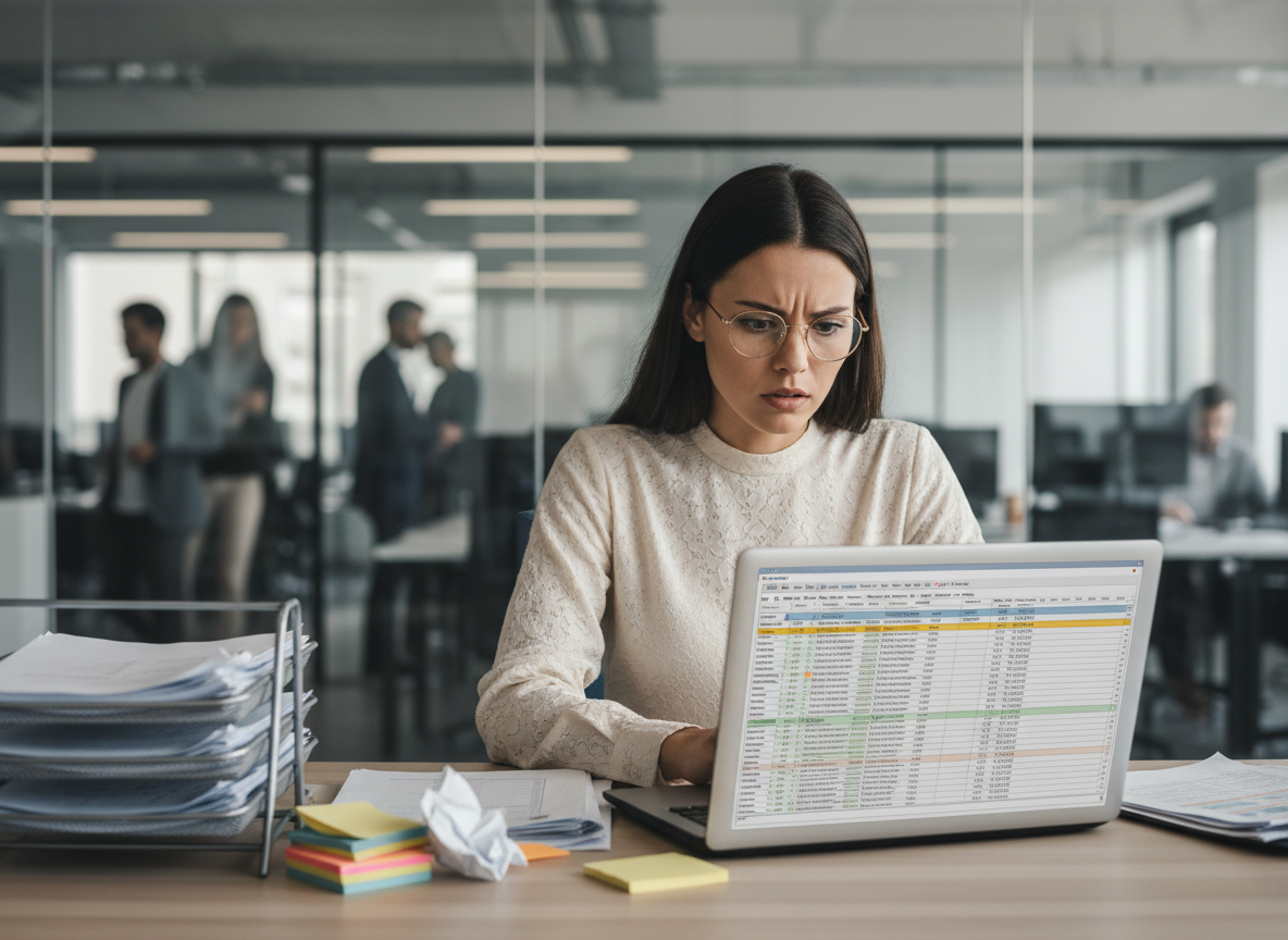 Jeune femme gestionnaire isolée face à un ordinateur en stress