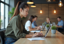 Apprendre SAP en 3 mois : quelles sont les possibilités ? Jeune femme travaillant sur son ordinateur dans un espace coworking