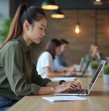 Apprendre SAP en 3 mois : quelles sont les possibilités ? Jeune femme travaillant sur son ordinateur dans un espace coworking