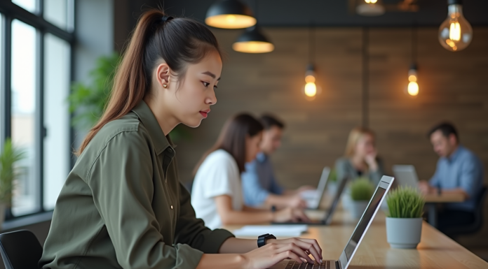 Jeune femme travaillant sur son ordinateur dans un espace coworking