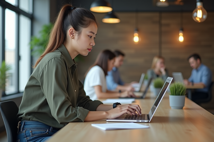 Jeune femme travaillant sur son ordinateur dans un espace coworking