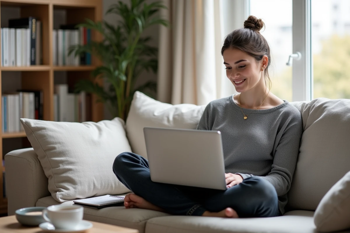 Jeune femme utilisant une plateforme de reconversion professionnelle en ligne depuis son domicile parisien avec prise de notes et recherche d'accompagnement carrière