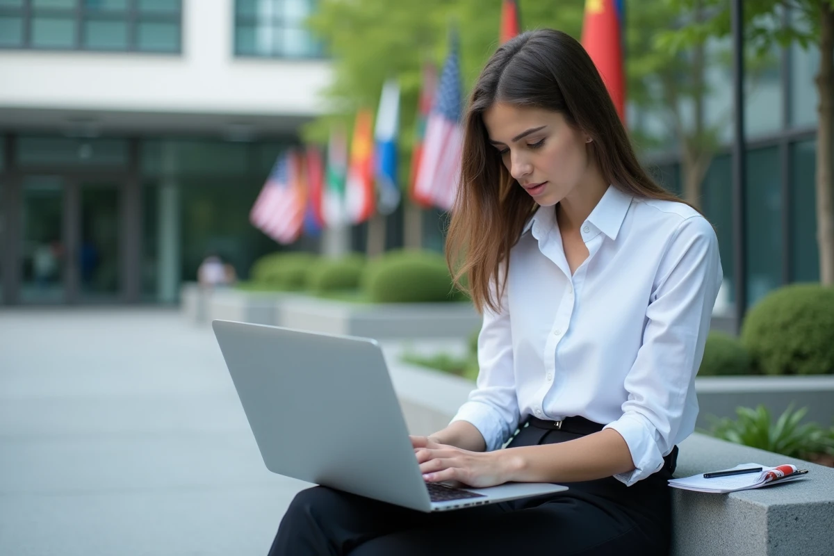 Jeune femme scientifique dehors avec drapeaux du monde