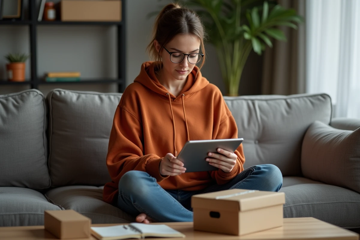 Jeune femme sur un canapé consultant des offres de travail emballage à domicile sur une tablette avec un carnet de notes