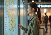 Jeune femme avec sac réutilisable devant un plan de magasin