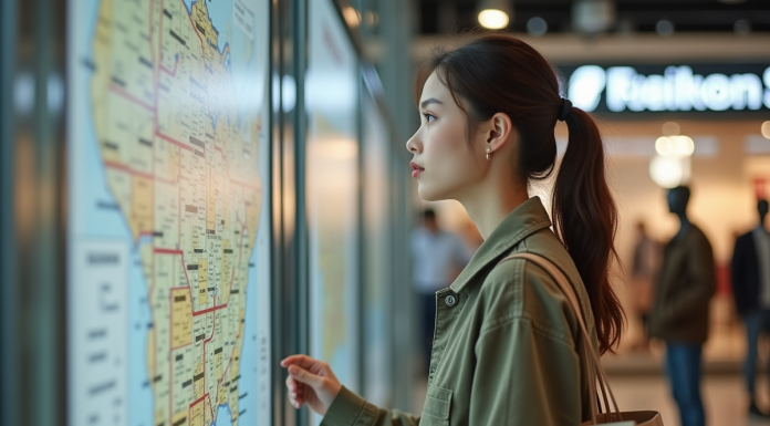 Jeune femme avec sac réutilisable devant un plan de magasin