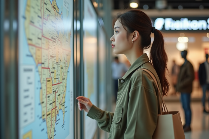 jeune-femme-shopping-centre Jeune femme avec sac réutilisable devant un plan de magasin