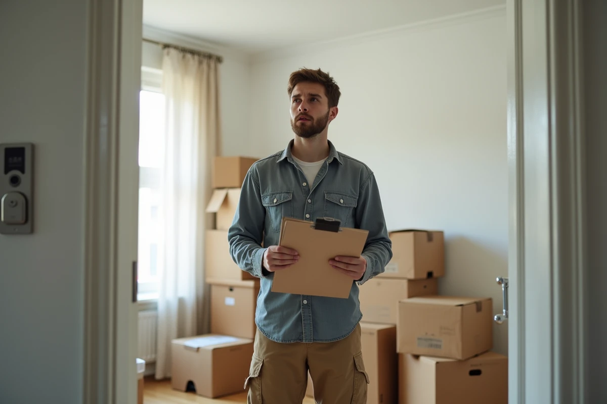Jeune homme dans un appartement avec des cartons