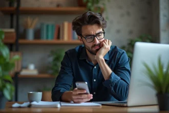 Jeune homme concentré dans son bureau à domicile avec smartphone