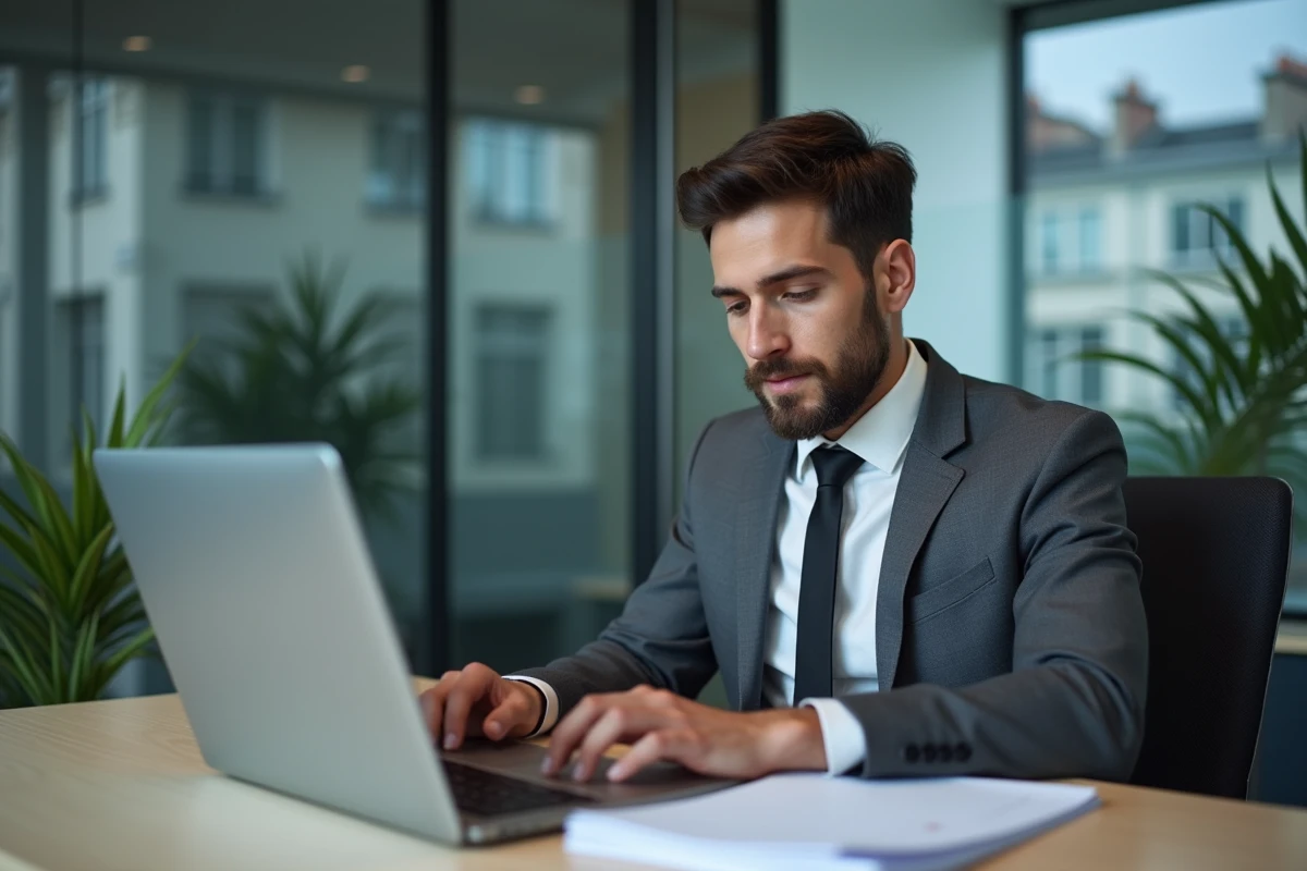 Jeune homme fran&ccedil;ais travaillant sur son ordinateur au bureau