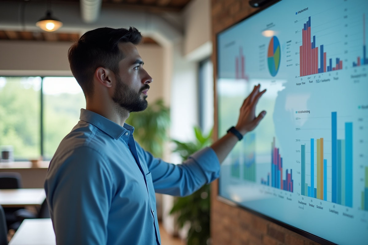 Jeune homme en coworking interagissant avec un mur d