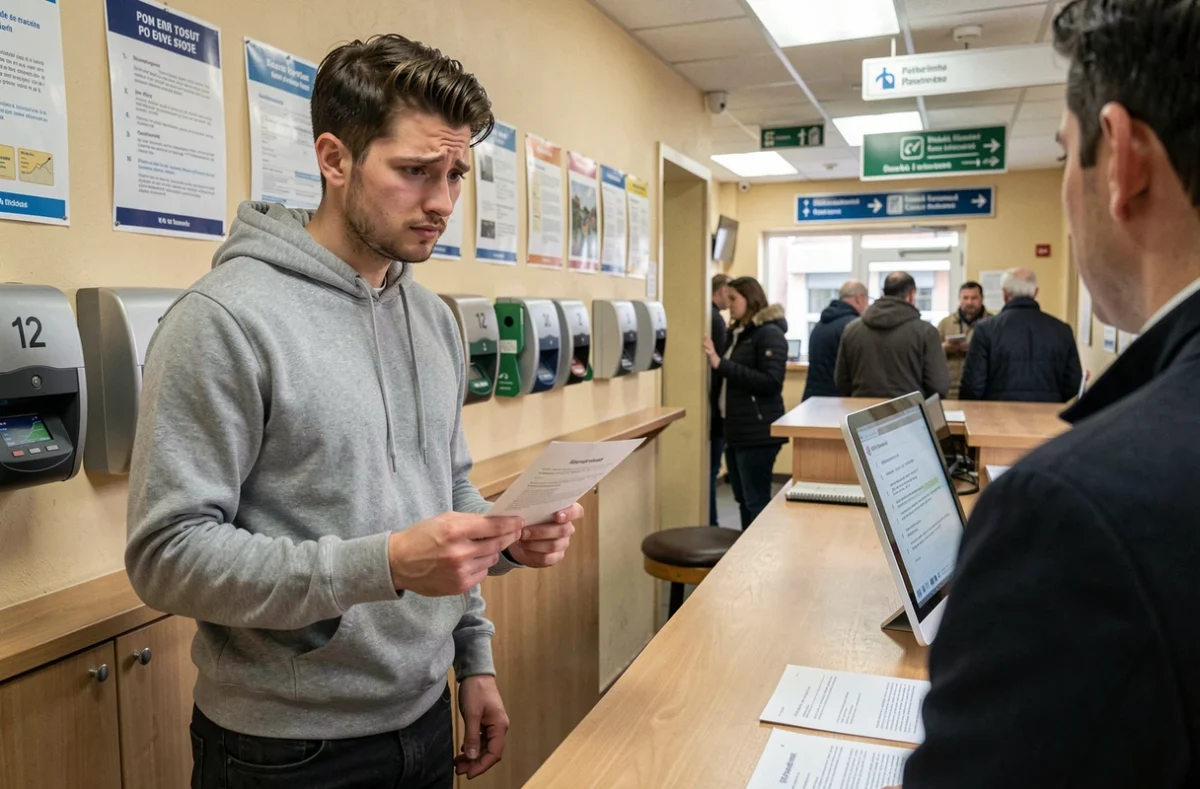 Jeune homme au guichet d'un bureau de poste tenant un avis de passage et cherchant des alternatives