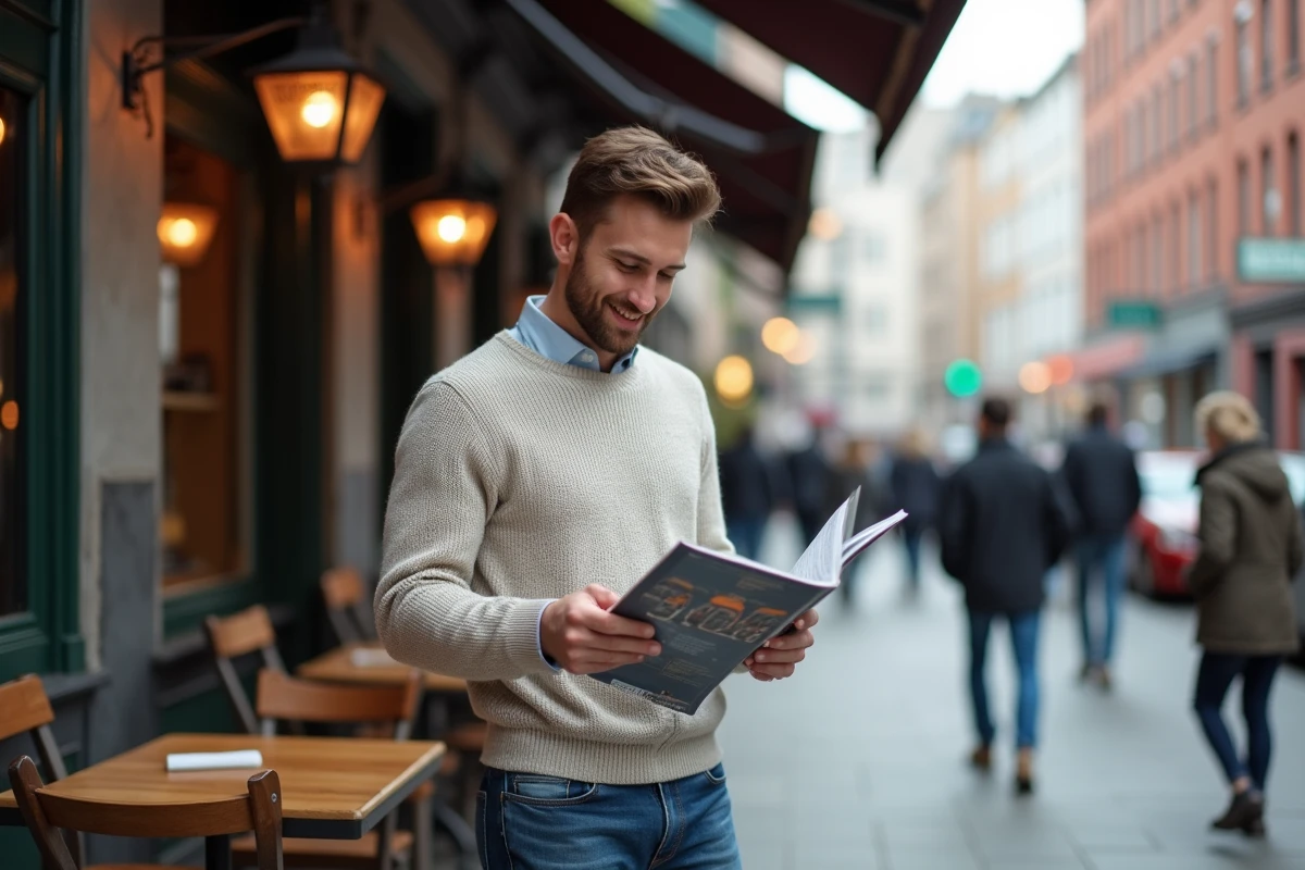 Jeune homme lisant un magazine dans un caf&eacute; en ville