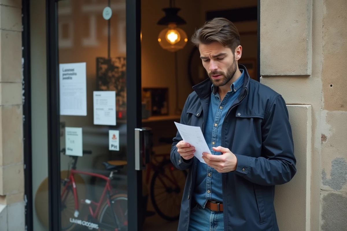 Jeune homme v&eacute;rifiant un re&ccedil;u devant un magasin de colis &agrave; Lyon