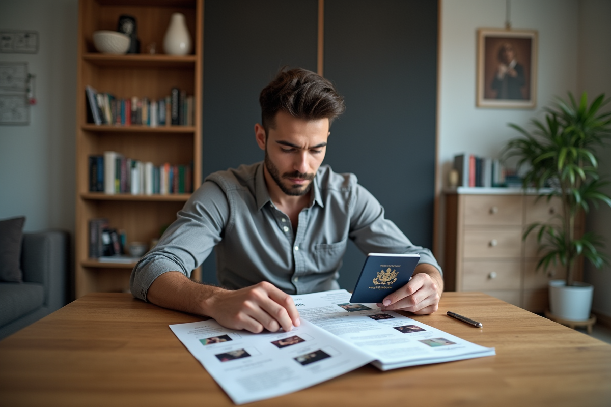 Jeune homme arrangeant ses papiers à la maison