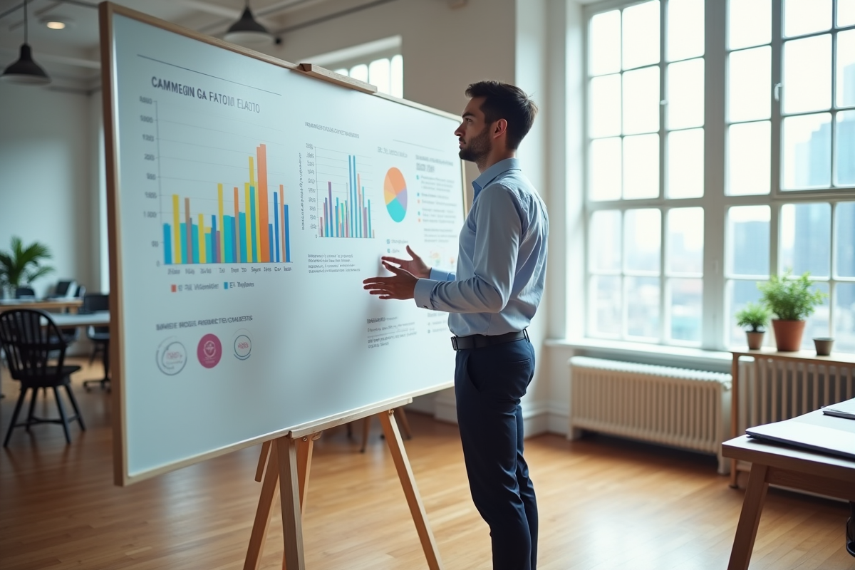 Jeune homme présentant des graphiques devant un whiteboard