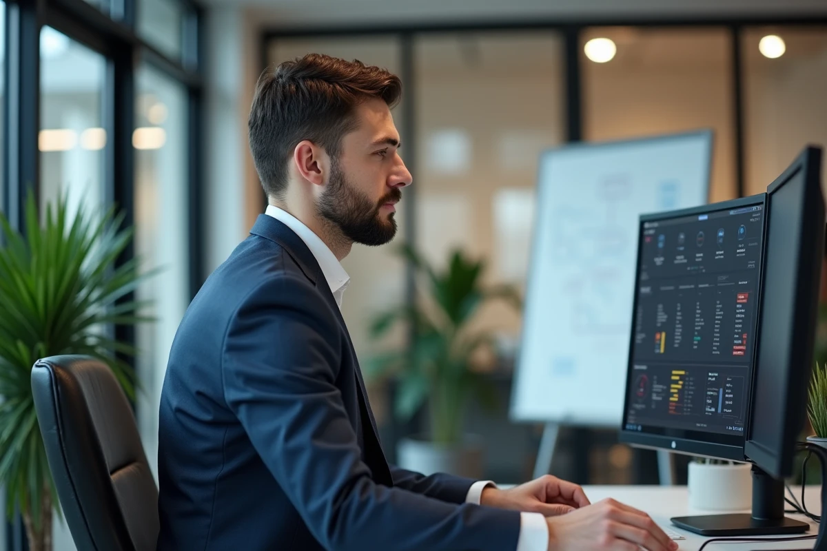 Jeune homme RH travaillant sur ordinateur avec graphiques