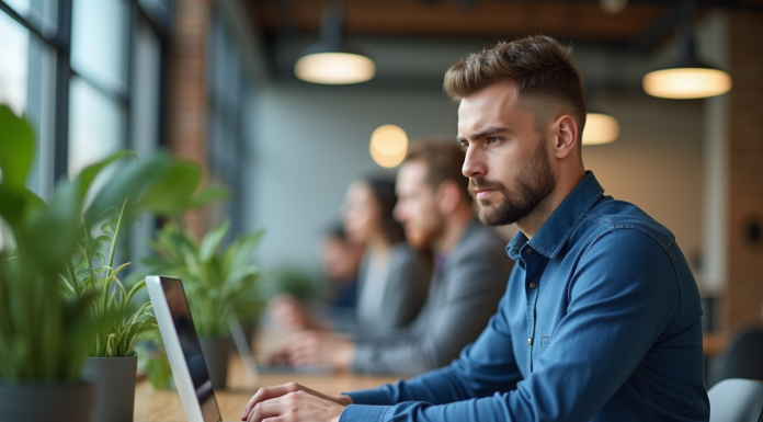 Jeune homme en coworking concentré sur son ordinateur portable