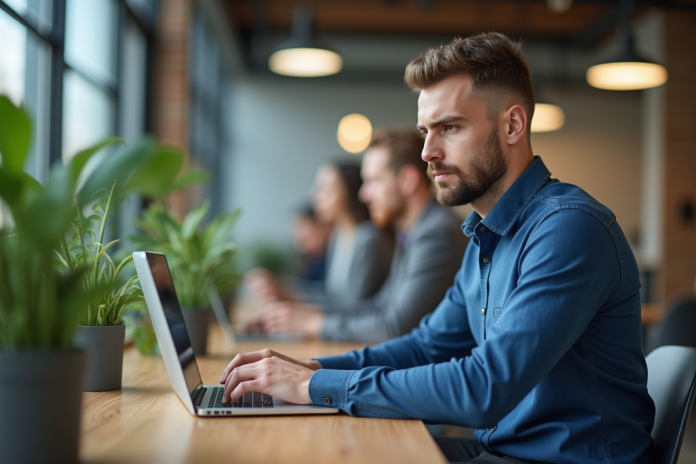 Jeune homme en coworking concentré sur son ordinateur portable