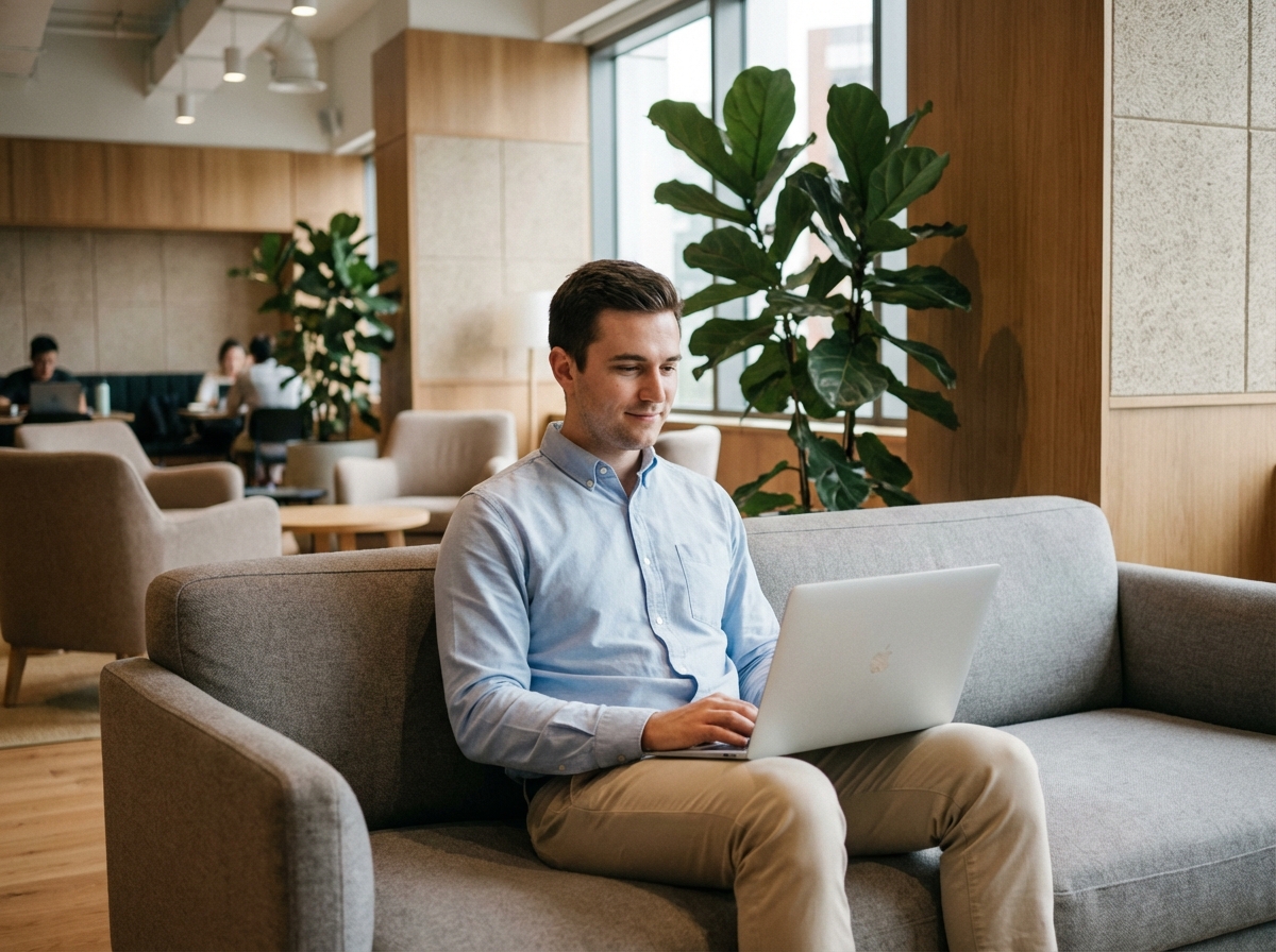 Jeune homme travaillant détendu sur un sofa dans un espace coworking
