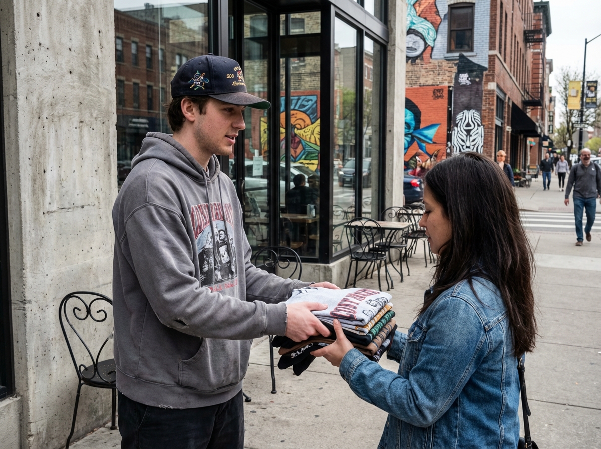 Jeune homme dans la rue échangeant des T-shirts brandes