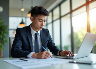 Jeune professionnel en bureau moderne avec documents immobiliers
