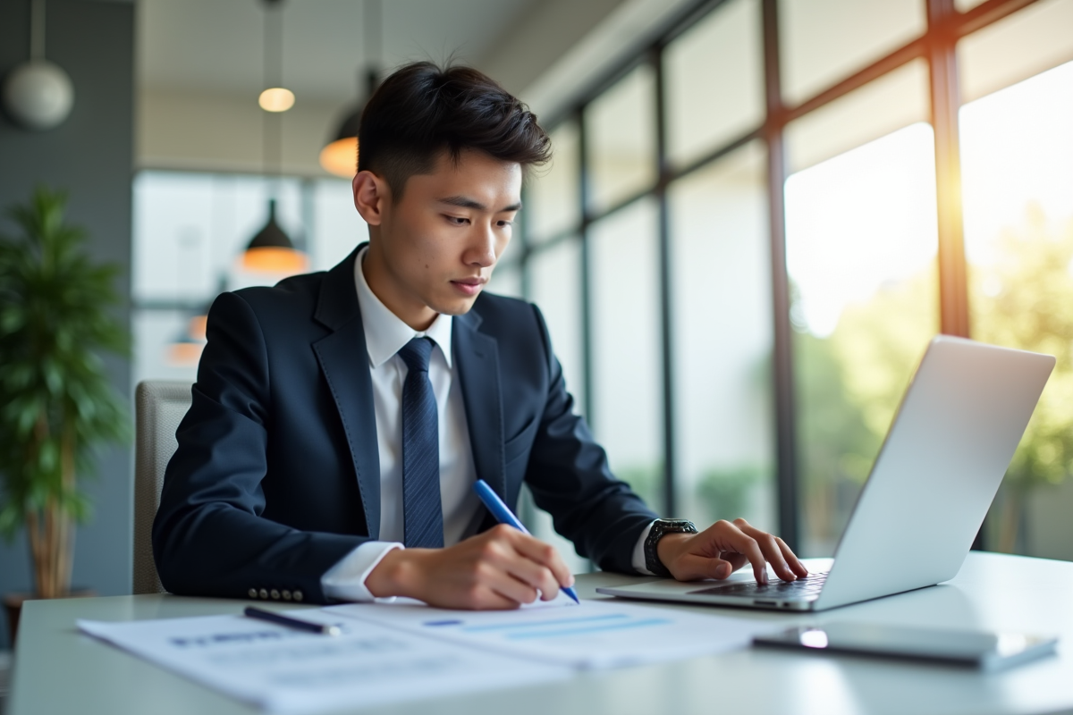 Jeune professionnel en bureau moderne avec documents immobiliers
