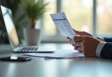 Jeune professionnel examinant une fiche de paie et documents financiers