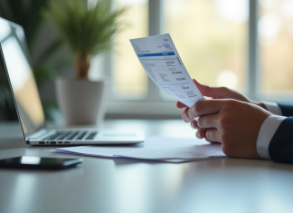 Jeune professionnel examinant une fiche de paie et documents financiers