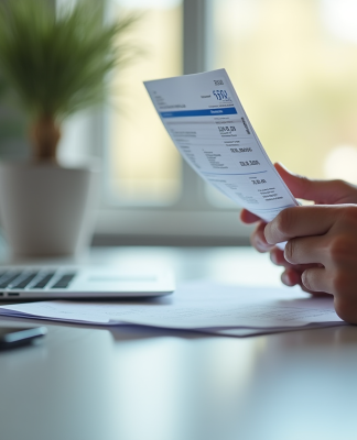 Jeune professionnel examinant une fiche de paie et documents financiers