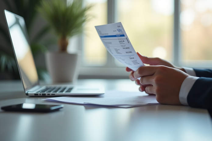 Jeune professionnel examinant une fiche de paie et documents financiers