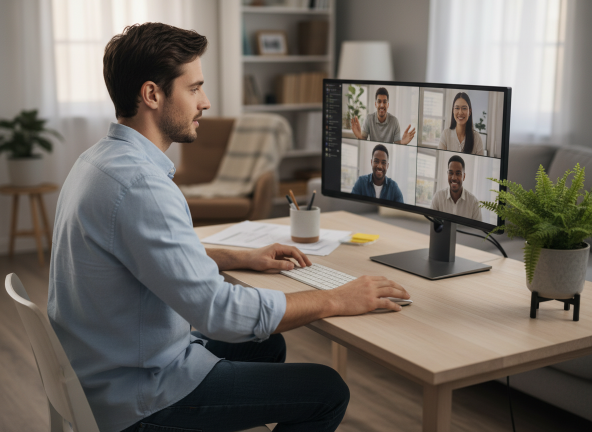 Jeune spécialiste informatique en visioconference à domicile