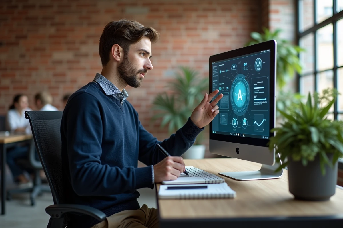 Jeune homme en informatique travaillant à un bureau ouvert