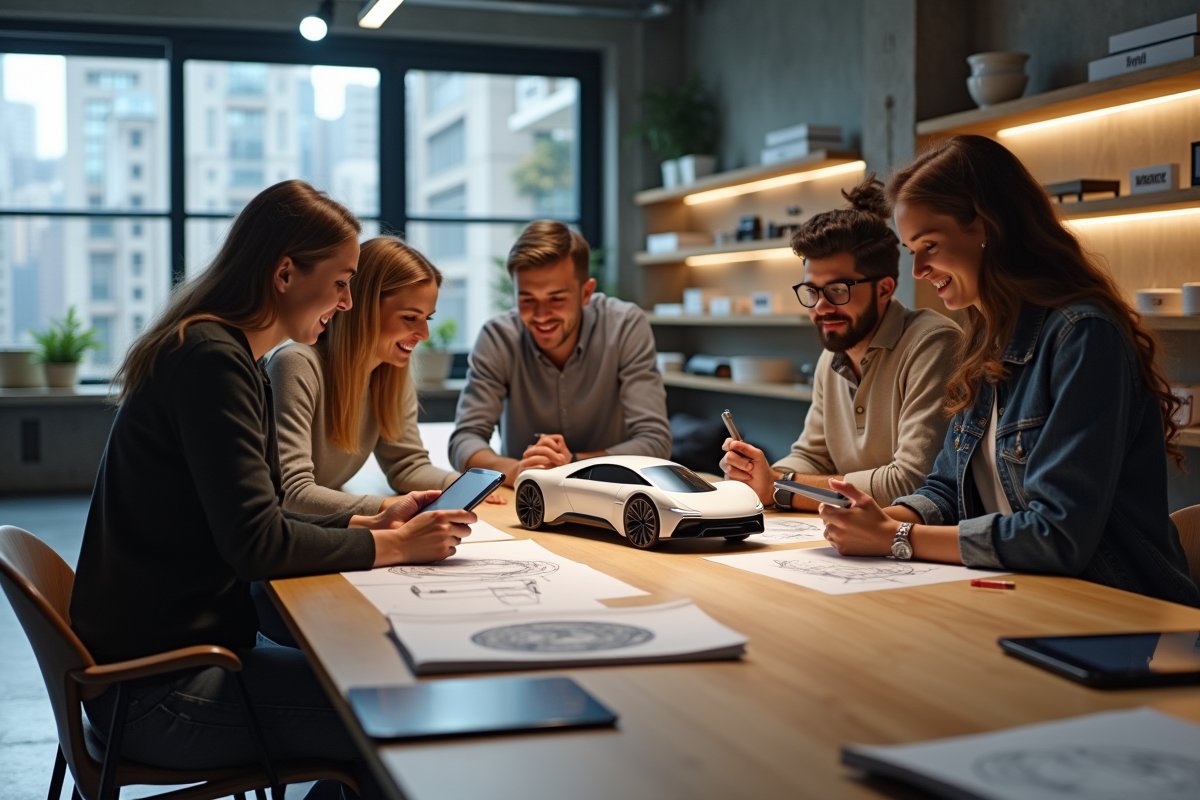 Jeunes designers discutant autour d un modele de voiture