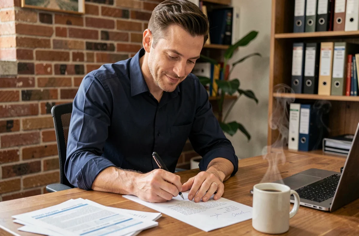 Homme d'affaires rédigeant une lettre de relance facture avec une formule de politesse professionnelle depuis son bureau à domicile