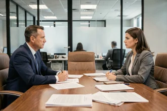 Réunion de licenciement pour faute grave entre un responsable RH et une employée dans une salle de réunion d'entreprise