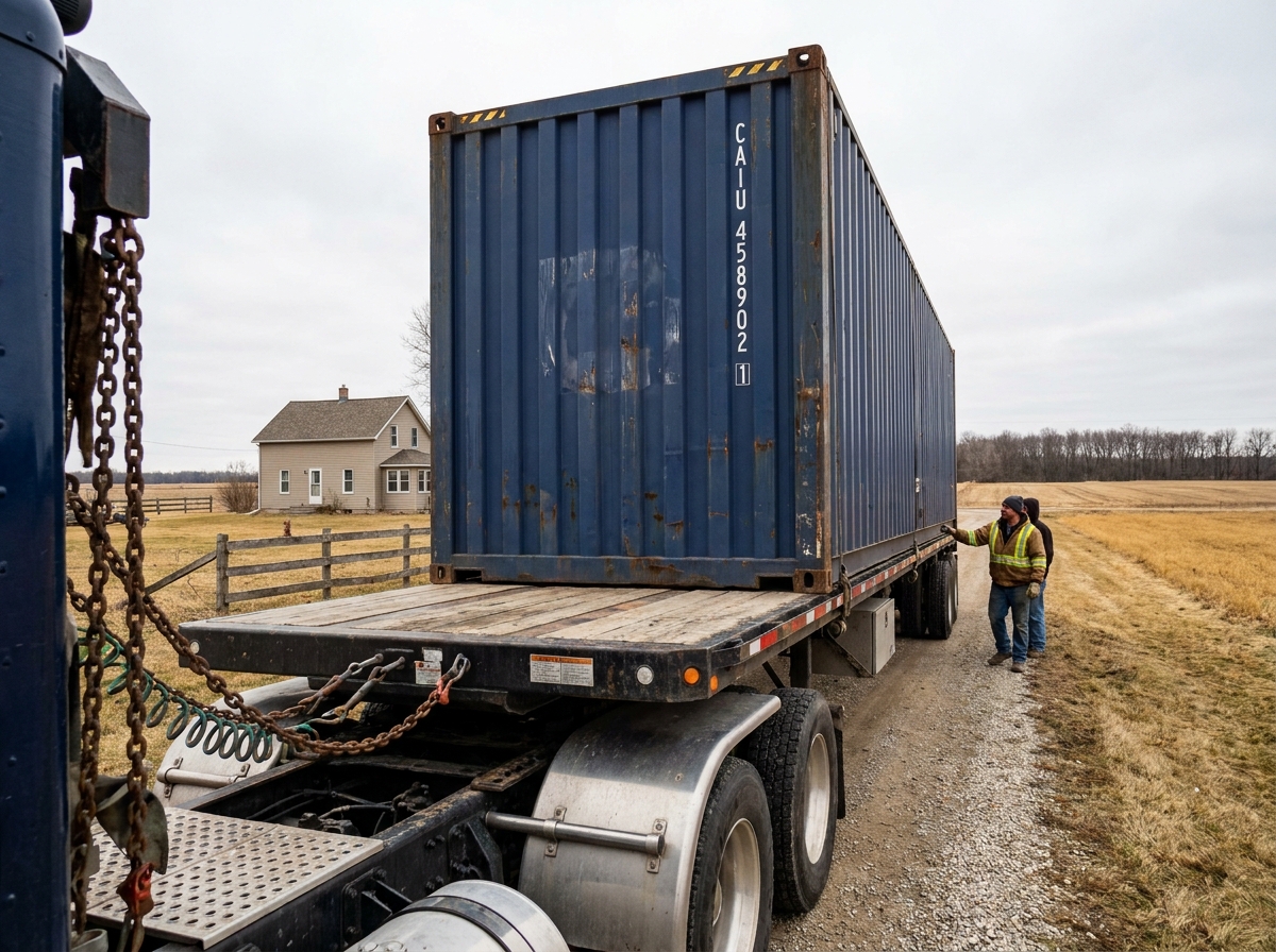 Livraison d'un container maritime 40 pieds sur camion plateau devant une propriété rurale